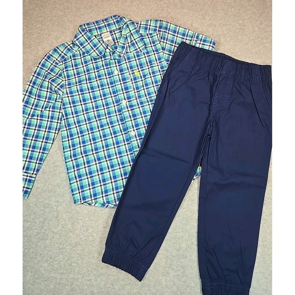 Carter's Toddler Boys 3T 2 pc Set Plaid Button Down Top & Jogger Pant Outfit NWT